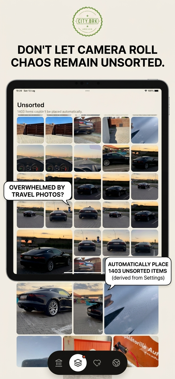 Citybrk Unsorted tray — photos without clear date or location held aside for review, never wedged into the wrong trip